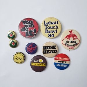 Lot Of 10 Vintage Pinback Buttons, Advertising, Red Cross, Strange Brew